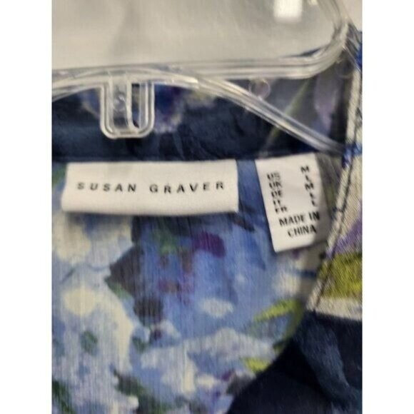 Susan Graver Womens BOHO Blouse Top Medium NavyFloral Sheer Chiffon Long Sleeve - Picture 4 of 11